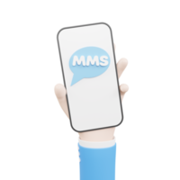 Cartoon Hand holding smartphones and receiving online MMS. Electronic modern technology communication concept. 3D illustration png