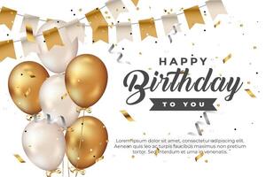 luxury happy birthday greeting template with balloon, birthday flag and glitter vector