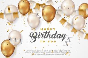 luxury happy birthday greeting template with balloon, birthday flag and glitter vector