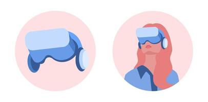 Metaverse or Virtual reality concept. Woman with glasses and a headset VR connected to the virtual space. Icon set. vector