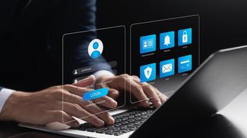 cybersecurity concept Global network security technology, business people protect personal information. Encryption with a padlock icon on the virtual interface. photo