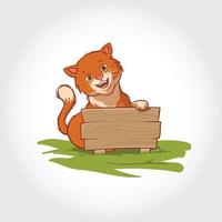 Cat Mascot Cartoon Character. Vector illustration of this cat standing behind a wooden board and smiling.