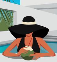 Vector illustration of a girl in a hat in the summer on vacation swims, sunbathes and drinks coconut juice cocktail by the pool