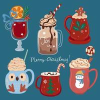 Set of cute winter drinks. Vector graphics.