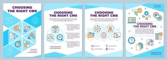 Choose right content management system cyan brochure template. Leaflet design with linear icons. Editable 4 vector layouts for presentation, annual reports.