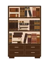 Wooden bookcase with old brown books. Library, education or bookstore concept. Vector illustration.