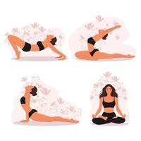 Girl doing yoga, Different yoga poses set of female characters. Meditation exercises in the lotus position. Vector illustration