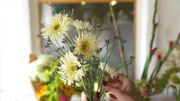 Florist arranges flowers for bouquet video