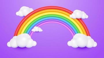 Estilo de dibujos animados lindo arco iris 3d con nube sobre fondo pastel púrpura vector