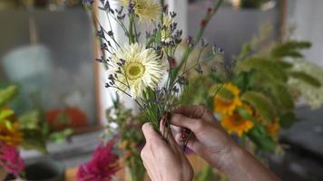 Florist arranges flowers for bouquet video