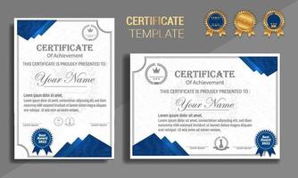 Blue and gold certificate of appreciation border template with luxury badge and modern line and shapes. For award, business, and education needs. Diploma vector template