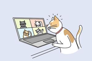 Cute cat talk on video call with cats on computer. Pet have webcam conversation on laptop with kittens. Technology concept. Vector illustration.