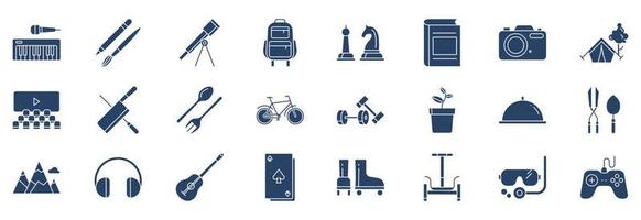 Collection of icons related to Hobbies and free time, including icons like Music, Art, Gams, Cinema and more. vector illustrations, Pixel Perfect set