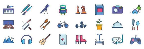 Collection of icons related to Hobbies and free time, including icons like Music, Art, Gams, Cinema and more. vector illustrations, Pixel Perfect set