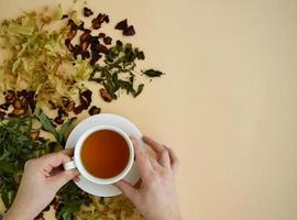 herbal tea in a white cup for beauty and health, dried herbs, linden flowers and strawberries lie around. photo