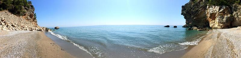 Mediterranean Sea, Antalya Coast, Turkey. Panaramic view of stunning cozy beach with turquoise water and yellow sand photo