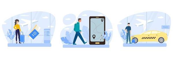 Travel and nature tourism concept collection. Vector flat character illustration set. Male and female tourist with backpack. Airport departure zone. Crossroad sign in forest. Smartphone with maps.