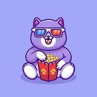 Cute Fat Cat Watching Movie With Popcorn Cartoon Vector Icon Illustration. Animal Food Icon Concept Isolated Premium Vector. Flat Cartoon Style