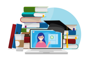 Online education concept, illustration. Study, learning online with laptop, tablet, smartphone and headphones from home. Cozy online learing and education with coffee and learning books png