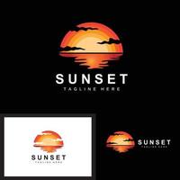 Sunset Beach Logo Design, Seascape Illustration, Red Day Vacation Spot Vector