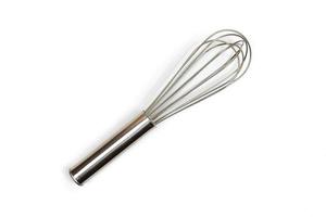 Flat lay of Silver Whisk isolated on white background. Kitchen equipment. photo