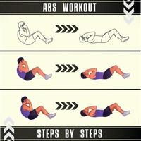 Man Workout Set. Man doing fitness, abs and yoga exercises. Lunges, Pushups, Squats, Dumbbell rows, Burpees, Side planks, Situ ps, Glute bridge, Leg Raise, Russian Twist, Side Crunch .etc vector