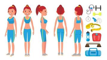 Fitness Girl Vector. Different Poses. Female Fitness. Woman Workout Fitness. Cardio, Treadmill, Body lifting. Isolated Flat Cartoon Character Illustration vector