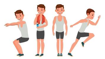 Fitness Man Vector. Different Poses. Variety Of Sport Movements. Cartoon Character Illustration vector