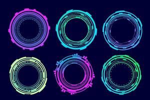 HUD futuristic elements. Abstract optical neon aim. Circle geometric shapes for virtual interface and games. Camera viewfinder for sniper weapon. Vector set