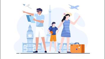 família feliz em férias na europa. movimento de animação simples 2d plano. pode ser usado para turismo e promoção de destino de viagem video