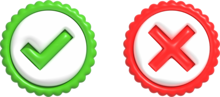 Realistic right and wrong, yes or no, approved or declined 3D Button. Acceptance, Rejection and Attention symbols 3D render illustration png