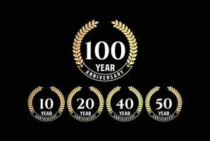 Golden Elegant Luxury 10 20 40 50 100 Years Anniversary Badge Emblem Label Design Vector