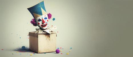 Jack in the Box with confetti, jester hat. April fool day concept with box surprise. Banner 3D illustration with a copy of the place for the text photo