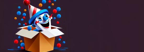 Jack in the Box with confetti, jester hat. April fool day concept with box surprise. Banner 3D illustration with a copy of the place for the text photo