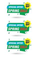 Special offer spring sale green labels set. Sale 35, 45, 55 off discount vector