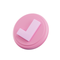 3d render check mark button with pink collour. 3d assets,success concept. png