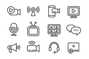 Broadcast and live streaming icons collection in linear style isolated on white background vector