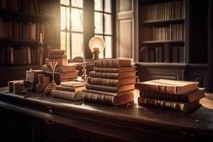 Stack of books on the table an open book or textbook education literature. photo