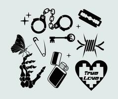 True love sticker element vector illustration set bundle, handcuffs, match, key, butterflay pin tattoo editable