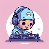 Cute dj playing music cartoon icon illustration. people music icon concept isolated. flat cartoon style, generat ai photo