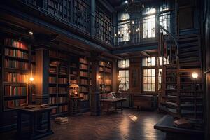 Interior of library with many bookshelves. Rows of cabinets with old books in library. Knowledge and education. Created with photo