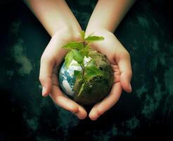 A Little Boy Holds A Luminous Planet Earth In His Hands. Earth Day. content, photo