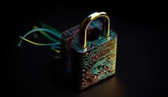 Digital padlock safeguards circuitry, epitomizing cyber security. photo