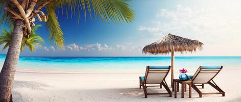 The beach with palm tree and chair with photo