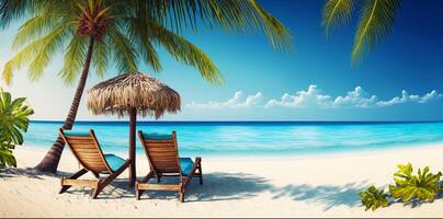 The beach with palm tree and chair with photo