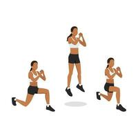 Woman doing Explosive Jumping Alternating Lunges Exercise in 3 steps for lower body and Hamstring. Flat vector illustration isolated on white background