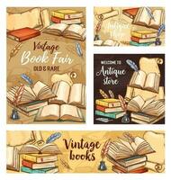 Feather pen, old book and ink sketch banners vector