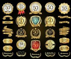 Collection of  Anniversary gold laurel wreath badges and labels vector illustration