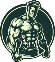 A gym and fitness logo with man with a big biceps on his chest vector