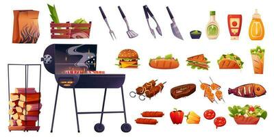 Cartoon bbq grill set for picnic with meat, fish vector